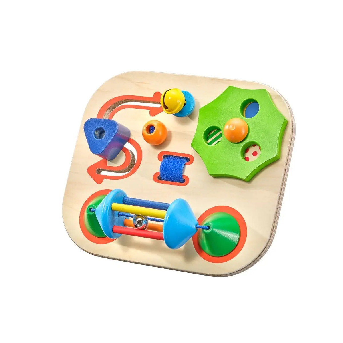 Sensorik-Board aus Holz mit bunten Formen, Zahnrädern und Schienen zum Entdecken und Spielen für Kleinkinder.