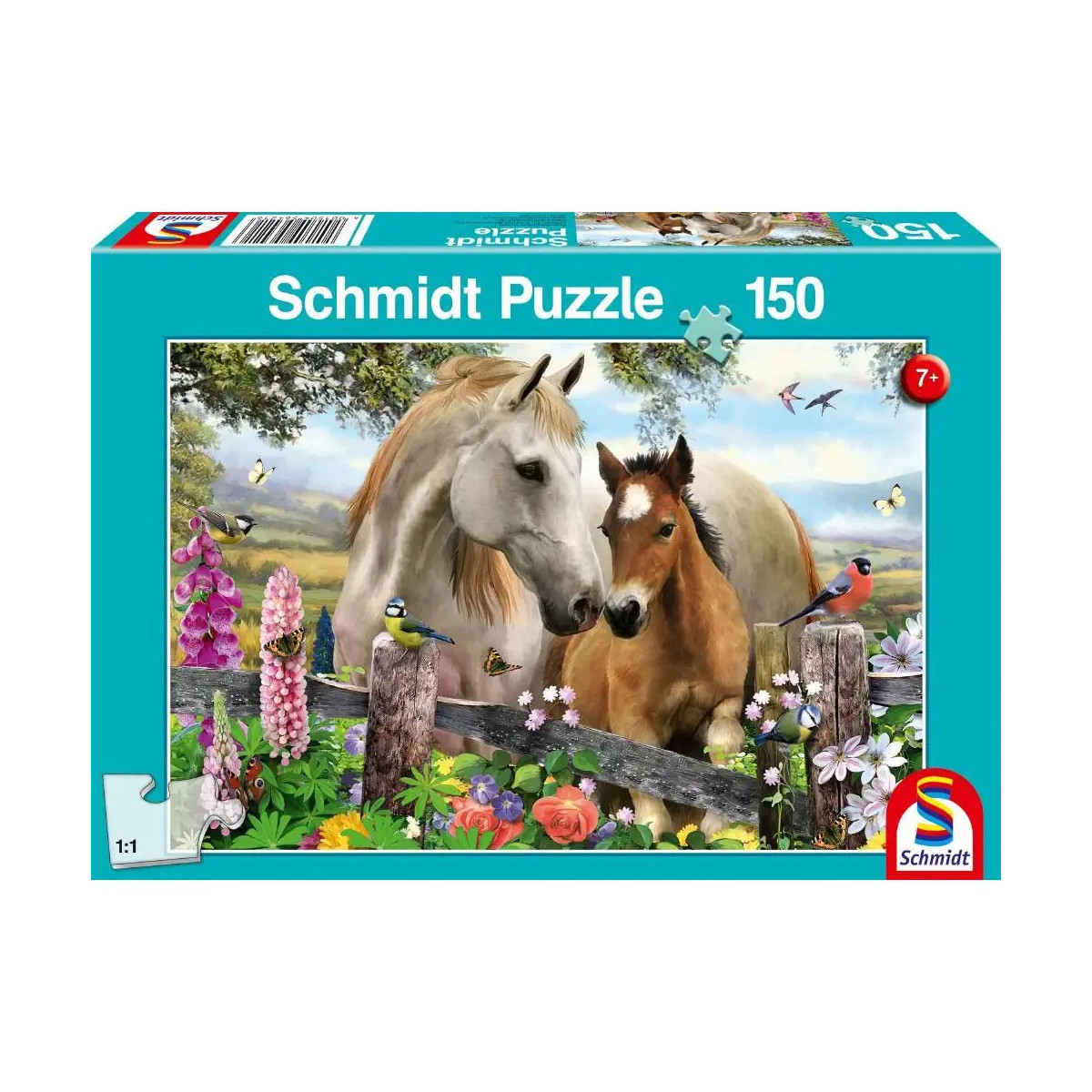 Schmidt Puzzle, 150 Teile, Pferd und Fohlen im bunten Garten, ab 7 Jahren.