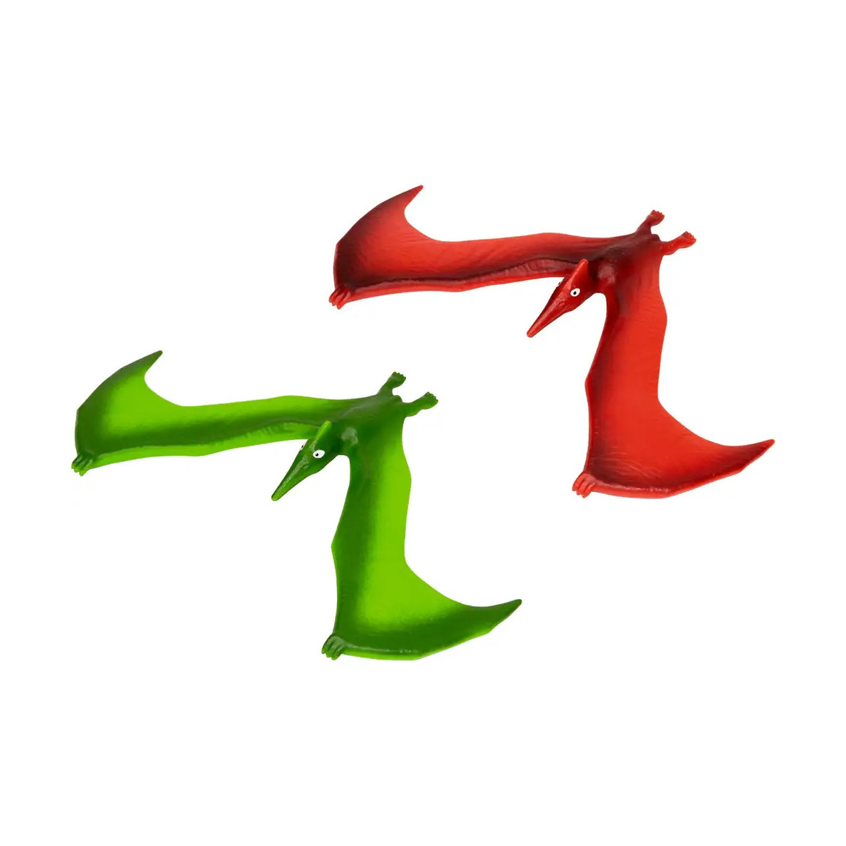 Zwei Spielzeug-Pterodactylus, einer grün, einer rot, liegen auf weißem Hintergrund.