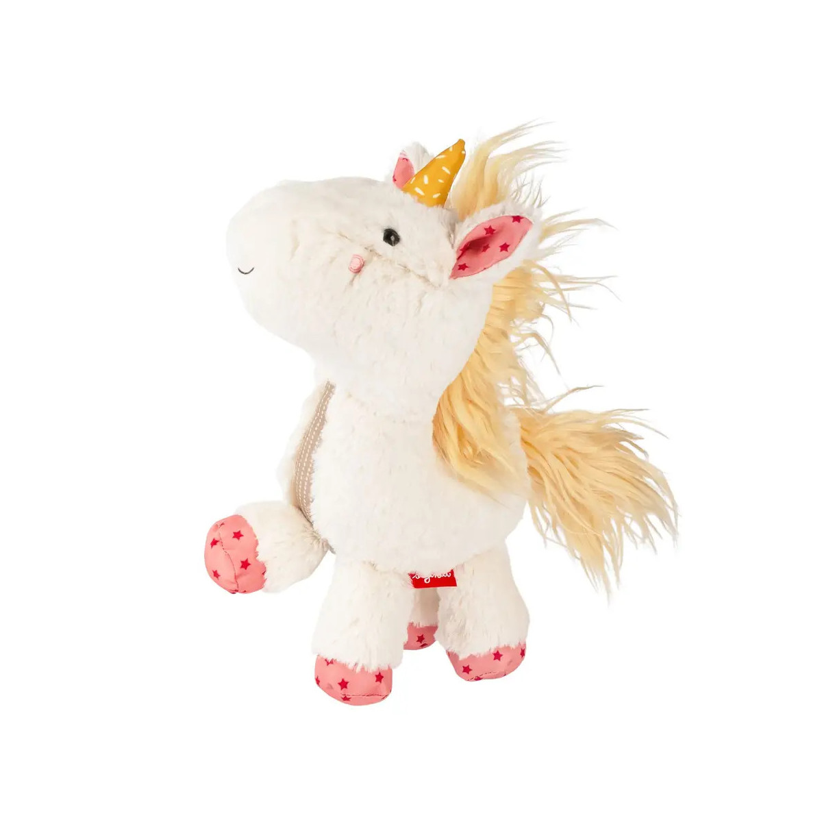 Plüsch-Einhorn mit gelbem Horn, beige Mähne und rosa Stern-Hufen vor weißem Hintergrund.
