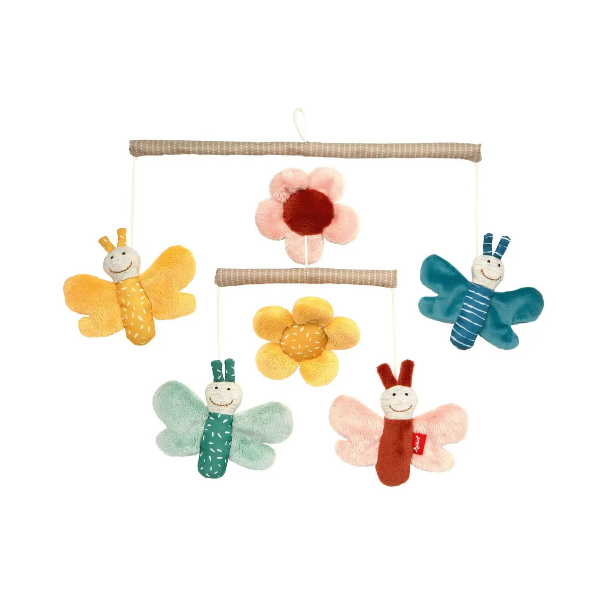Buntes Plüsch-Mobile mit Schmetterlingen und Blumen, ideal als Deko für Baby- oder Kinderzimmer.
