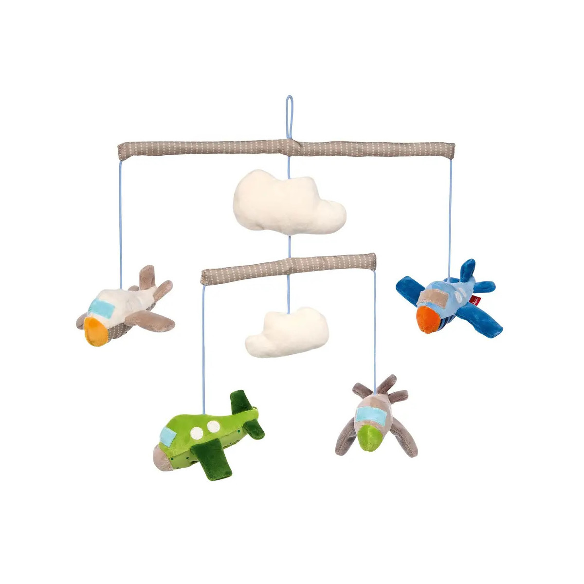 Plüsch-Babymobile mit Flugzeugen und Wolken in Blau, Grün, Braun und Weiß, hängend an einem Rahmen.