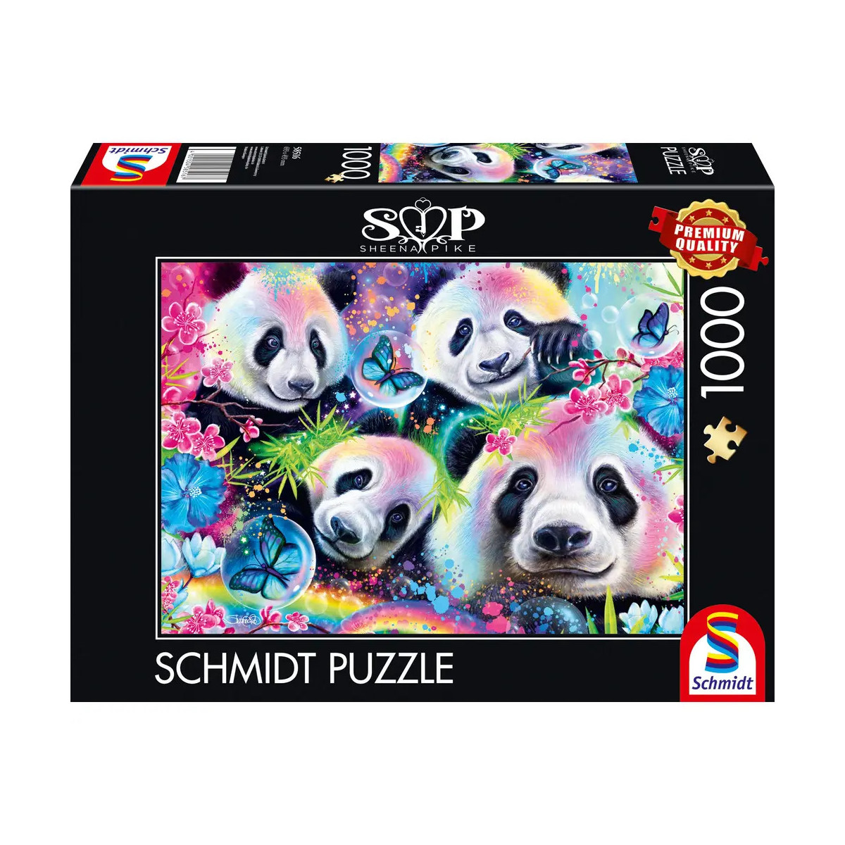 Schmidt Puzzlebox: 1000 Teile, bunt mit vier Pandas, Schmetterlingen und farbenfrohen Blumenmotiven.