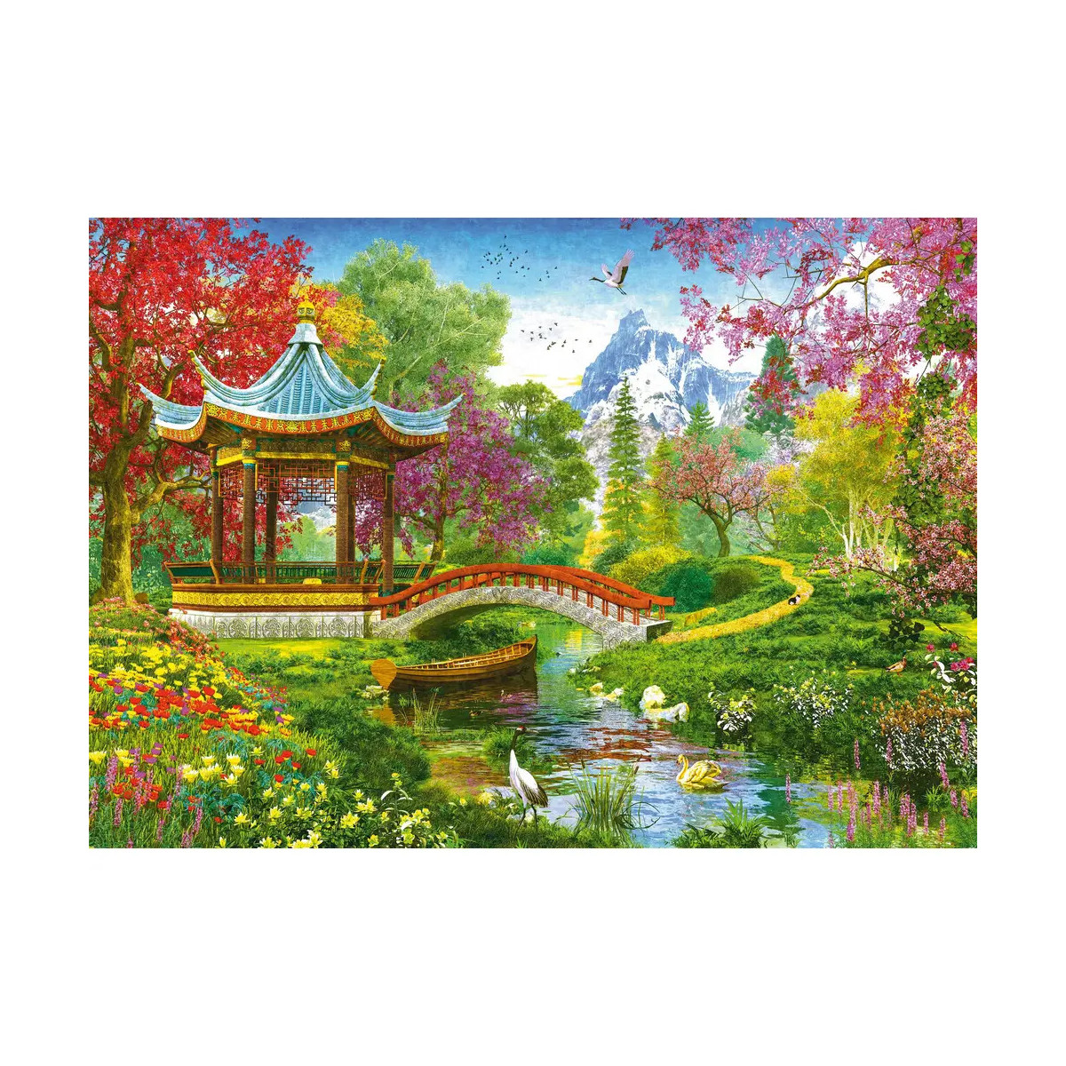 Bunter Garten mit Pagode, Bogenbrücke, Blumen, Bäumen, Teich, Vögeln und Bergen im Hintergrund.