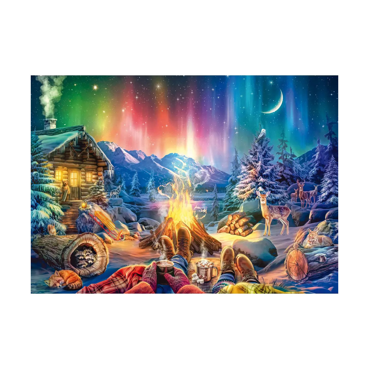 Zwei Menschen am Lagerfeuer mit Tieren, Hütte und Nordlichtern in verschneiter Berglandschaft.