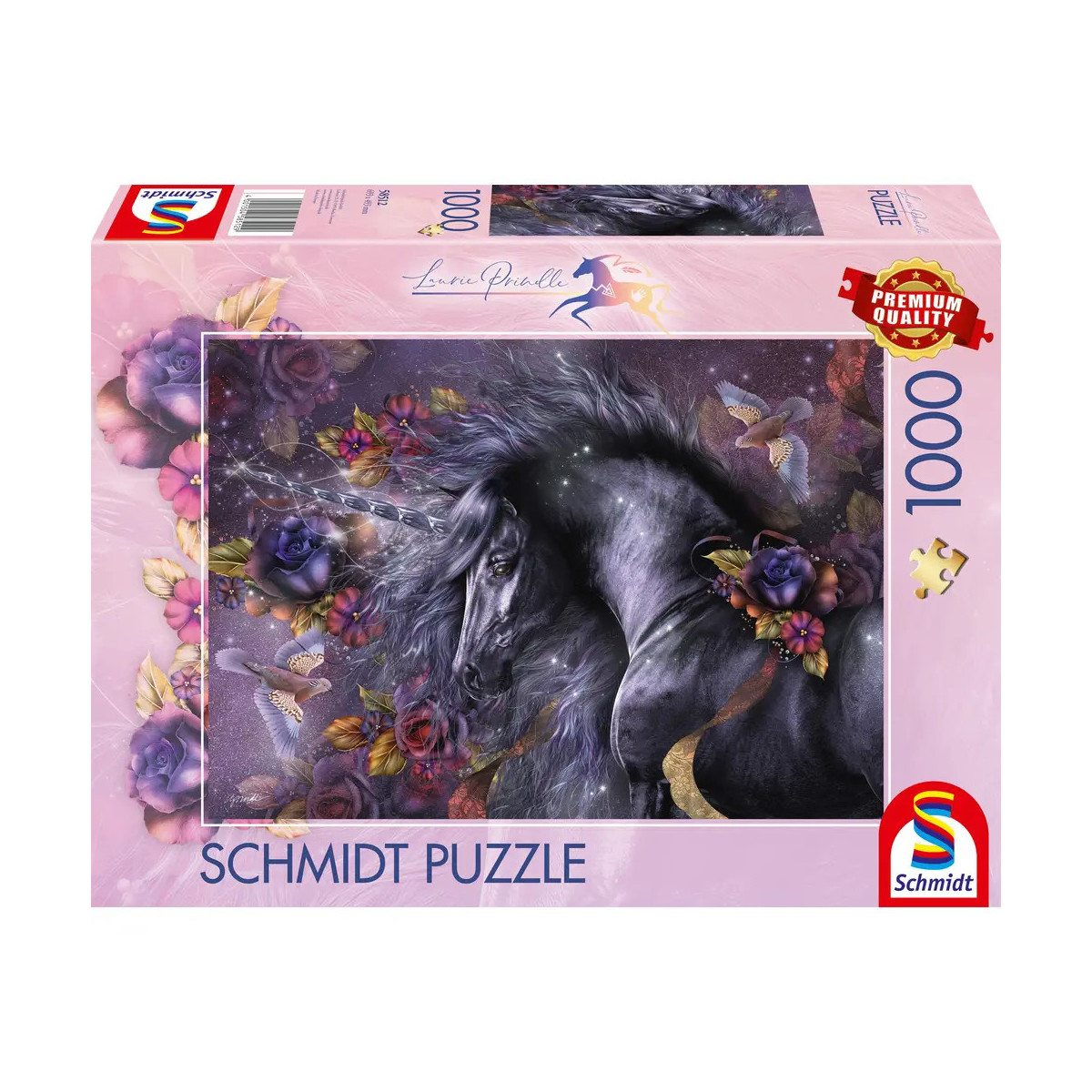 Schmidt Puzzlebox mit 1000 Teilen: Fantasie-Motiv eines schwarzen Pferdes, umgeben von Blumen und Schmetterlingen.