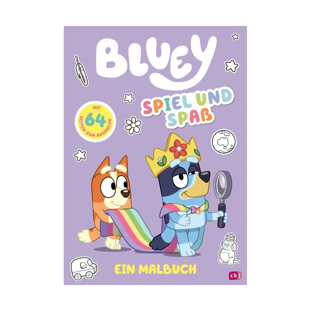 Bluey und Bingo spielen verkleidet auf dem lila Malbuchcover mit deutschem Text und verspielten Kritzeleien.