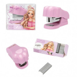 Pinkfarbener Pfoten-Tacker mit passender Heftklammernbox, Verpackung zeigt blondes Mädchen mit Welpen.