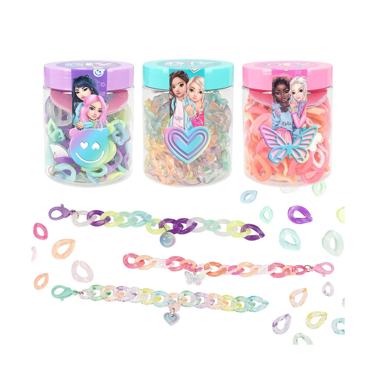 Drei Dosen mit pastellfarbenen Kettengliedern und Charms in Herz-, Schmetterlings- und Smiley-Designs.