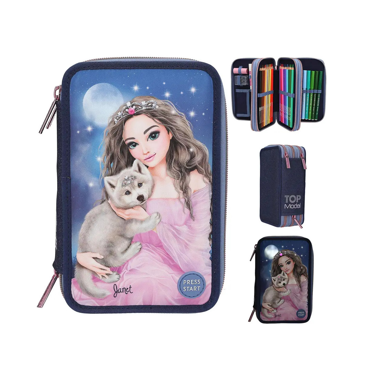 Federmäppchen mit Mädchen und Kätzchen auf dem Cover, offen mit Inhalt und geschlossen aus verschiedenen Perspektiven gezeigt.