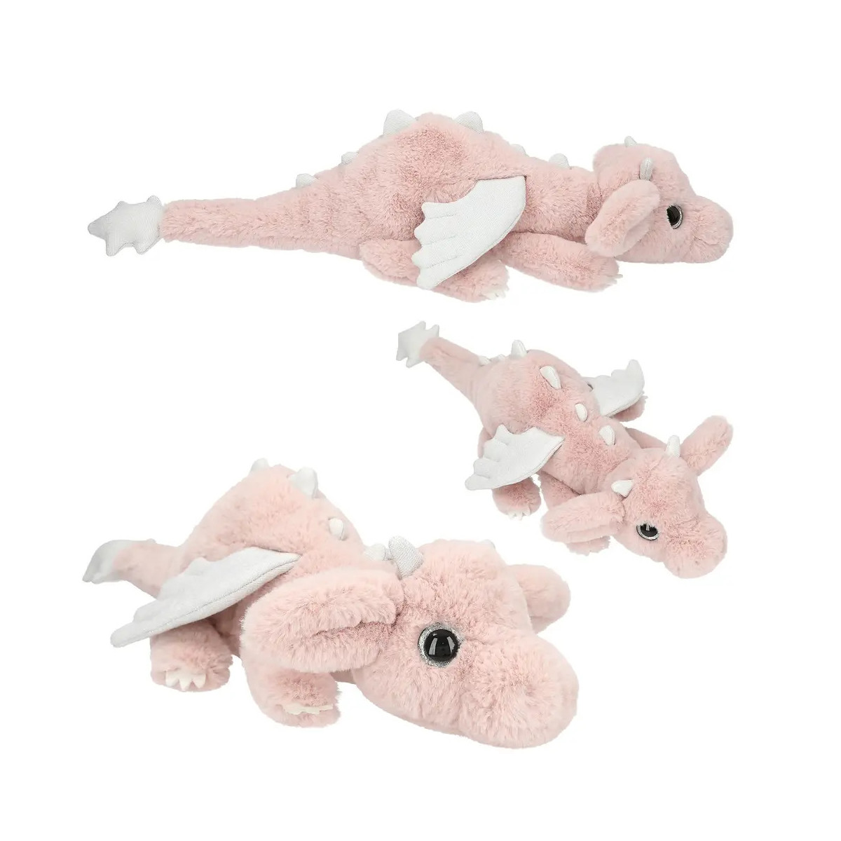 Drei Ansichten eines rosa Plüschdrachens mit weißen Flügeln, Stacheln und langem Schwanz vor weißem Hintergrund.