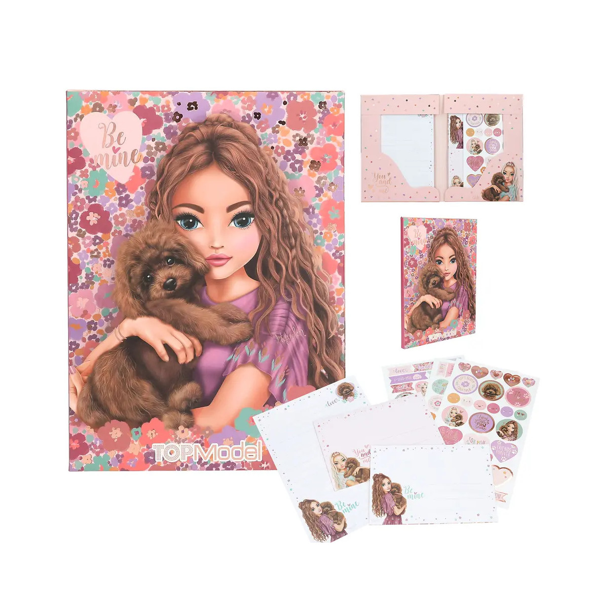 Schreibwaren-Set mit Mädchen und Welpe, Blumenhintergrund, Stickern und Papieren.