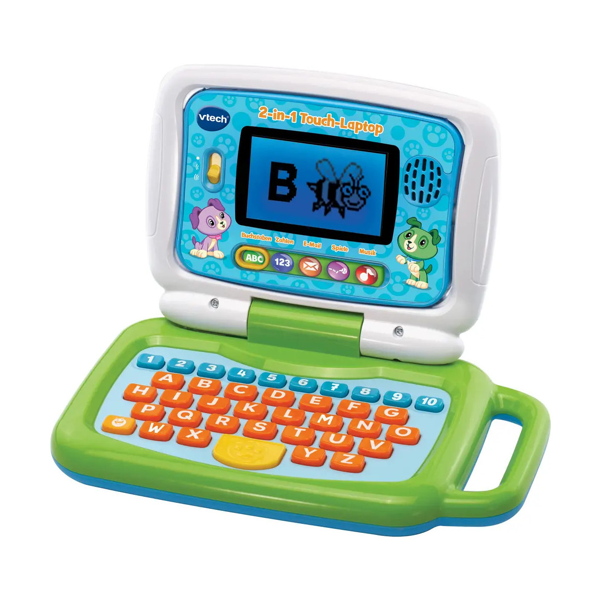 Buntes Kinder-Laptop-Spielzeug mit Buchstabentasten und Bildschirm, das das B und eine Cartoon-Biene anzeigt.