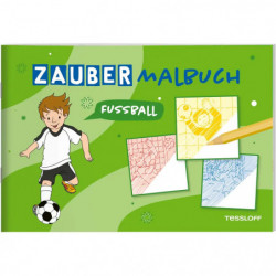 Cover eines Zaubermalbuchs für Kinder: Junge spielt Fußball, bunte Skizzen auf grünem Hintergrund.