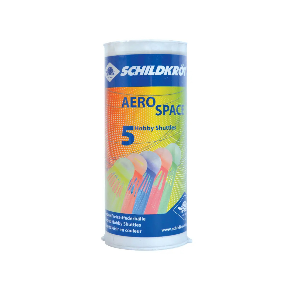 Eine Röhre Schildkröt Aero Space Hobby-Federbälle enthält fünf bunte Federbälle.