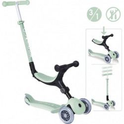 Mintgrüner und schwarzer 3-in-1-Kinderroller mit verstellbarem Lenker und Sitz, in verschiedenen Modi gezeigt.
