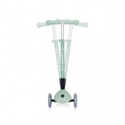 Mintgrüner und schwarzer 3-in-1-Kinderroller mit verstellbarem Lenker und Sitz, in verschiedenen Modi gezeigt.