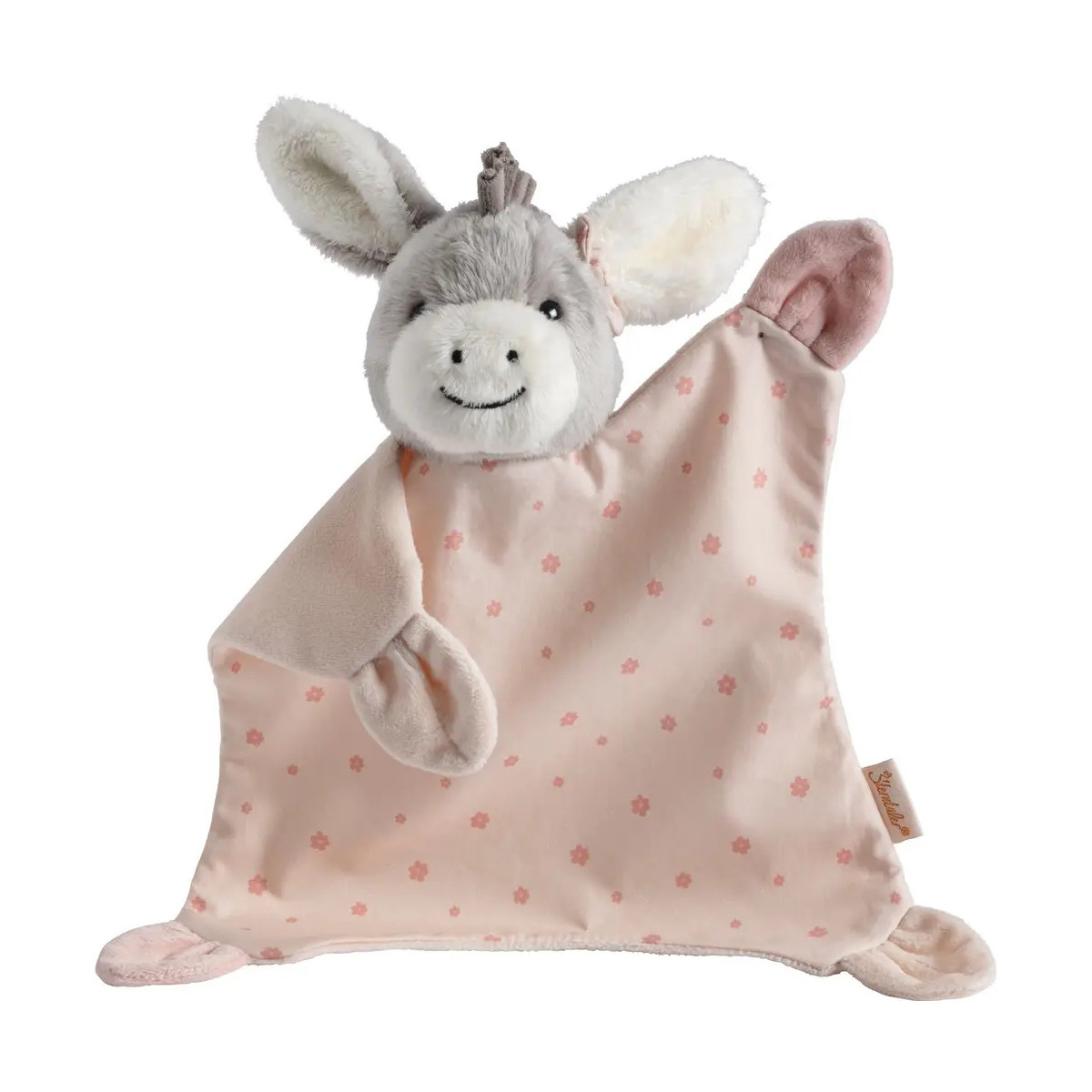 Plüsch-Esel-Schnuffeltuch: grauer Kopf, rosa Decke mit kleinen Blumenmustern.
