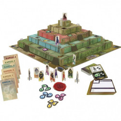 Box von „Ziggurat“: Vier Abenteurer stehen bei Sonnenuntergang vor einer leuchtenden antiken Stadt.