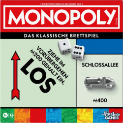 Vorderseite einer deutschen Monopoly-Box mit Würfeln, einer Auto-Spielfigur und Hasbro-Games-Logo.