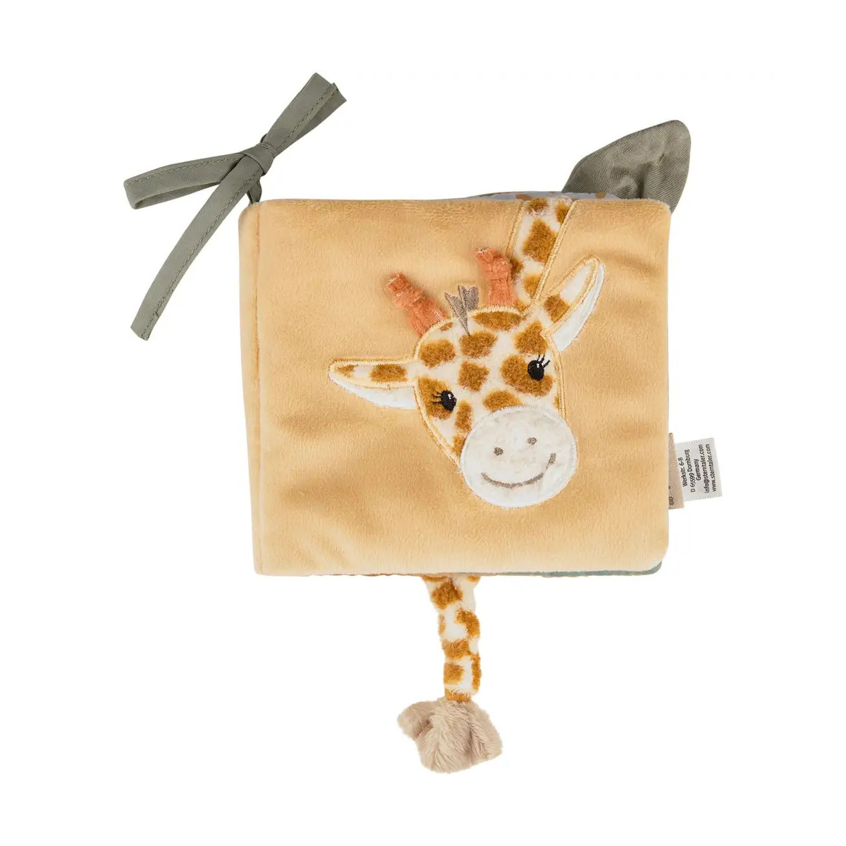 Weiches Baby-Stoffbuch mit lächelndem Giraffengesicht, Plüsch-Schwanz und Schleifenband in der Ecke.