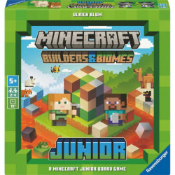 Minecraft Builders & Biomes Junior: Spieleschachtel mit verpixelten Figuren und Blöcken auf der Vorderseite.