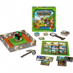 Minecraft Builders & Biomes Junior: Spieleschachtel mit verpixelten Figuren und Blöcken auf der Vorderseite.