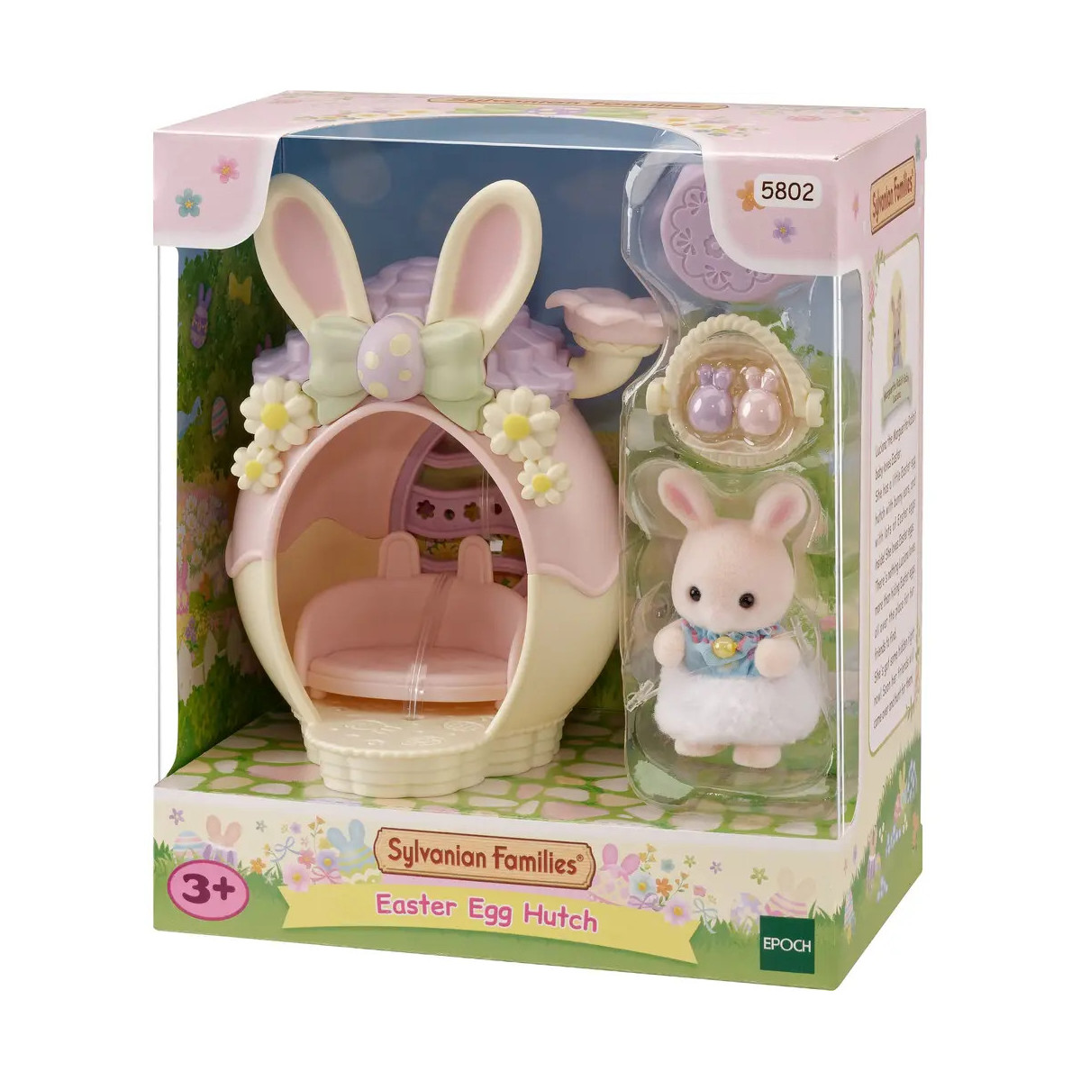 Spielset mit Hasenhaus, kleiner Hasenfigur im Kleid und Oster-Ei-Zubehör in einer Box.