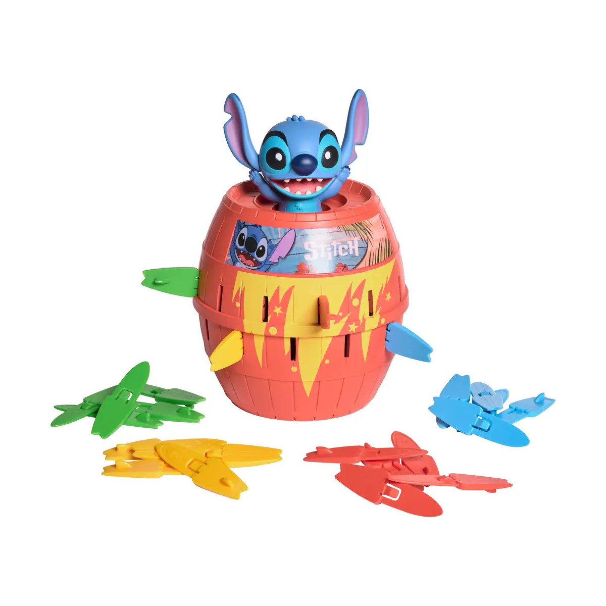 Fass mit Stitch, der herausspringt, und bunten Kunststoffmessern ringsum.