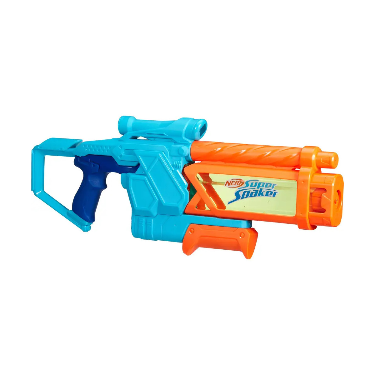 Eine blau-orange Nerf Super Soaker Wasserpistole mit großem Lauf und Griff.