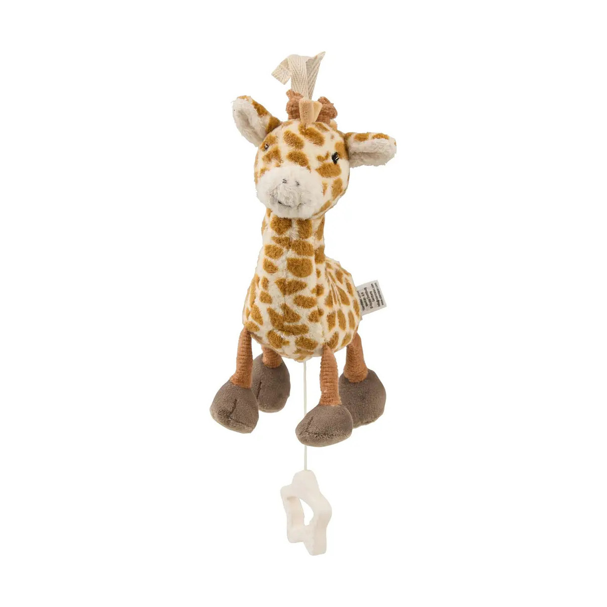Plüsch-Giraffe mit braunen Flecken und Zugband am Bauch vor weißem Hintergrund.