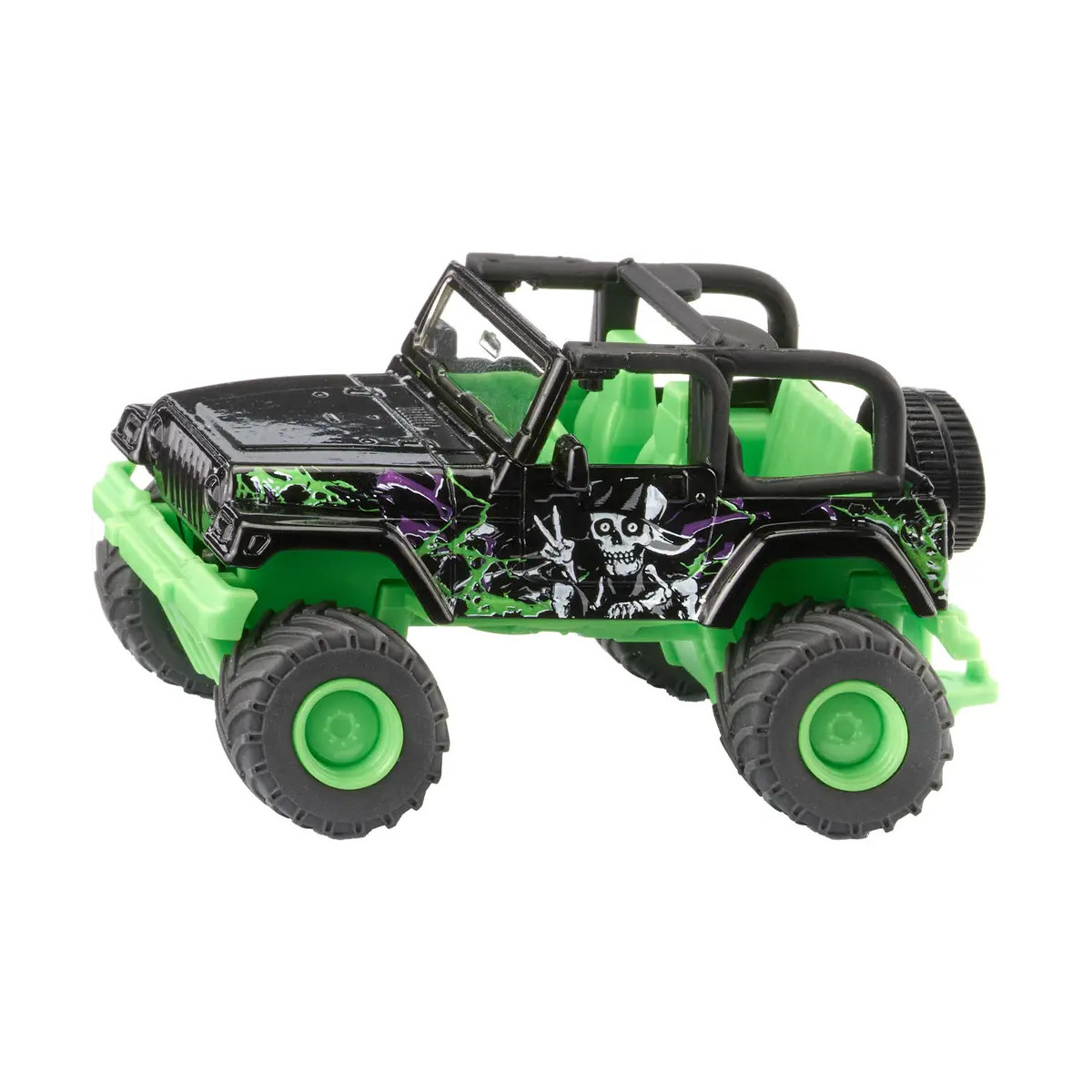 Spielzeug-Geländewagen mit grünen Rädern, schwarzem Körper und Totenkopf-Grafik an der Seite.