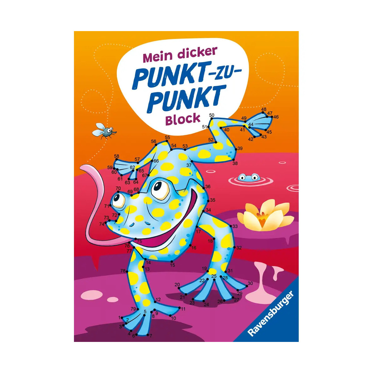 Buntes Cover mit blau-gelbem Punktfrosch, Fliege und deutschem Text auf orange-pinkem Hintergrund.