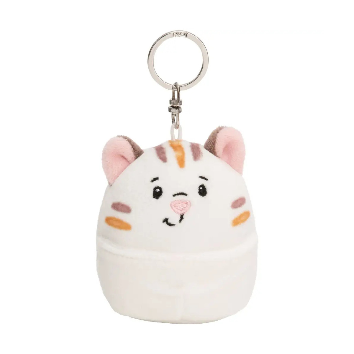Plüsch-Schlüsselanhänger in Form einer weißen Katze mit pinken Ohren und orange-braunen Streifen.