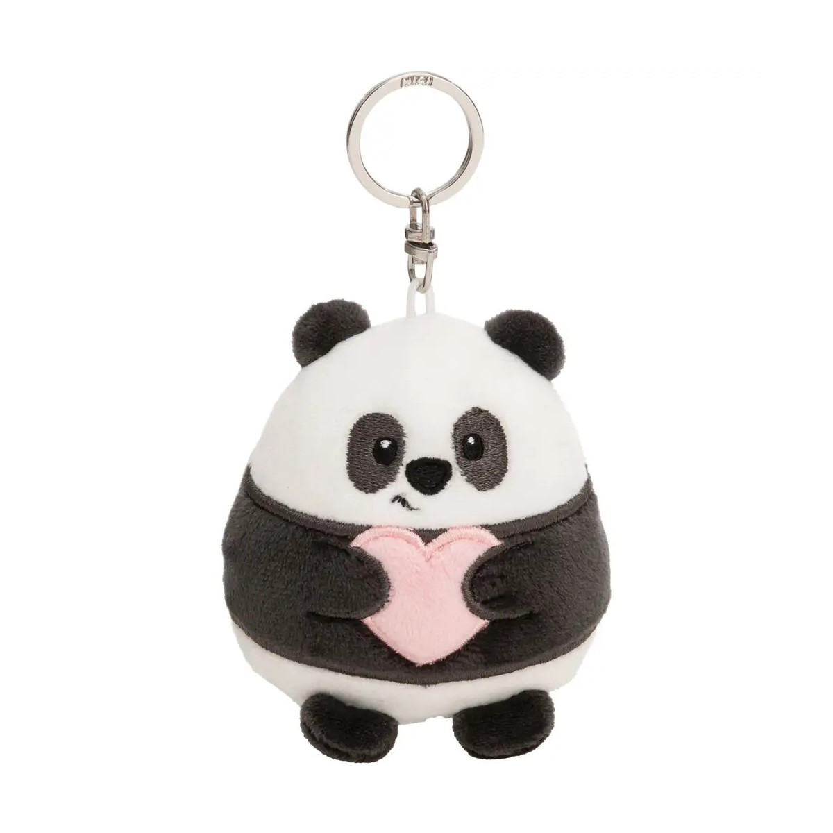 Plüsch-Panda-Schlüsselanhänger mit rosa Herz und silbernem Schlüsselring am Kopf.