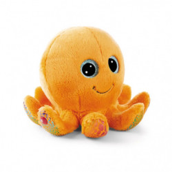 Plüschiger oranger Oktopus mit großen schwarzen Augen und Lächeln sitzt auf weißem Hintergrund.