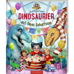 Buchcover mit Dinosauriern, Kindern und einer Großmutter, die gemeinsam mit Kuchen und Luftballons feiern.