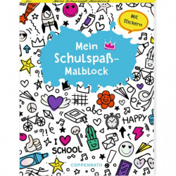 Buntes Cover mit Schulmotiven, Titel „Mein Schulspaß-Malblock“ und verschiedenen Symbolen.