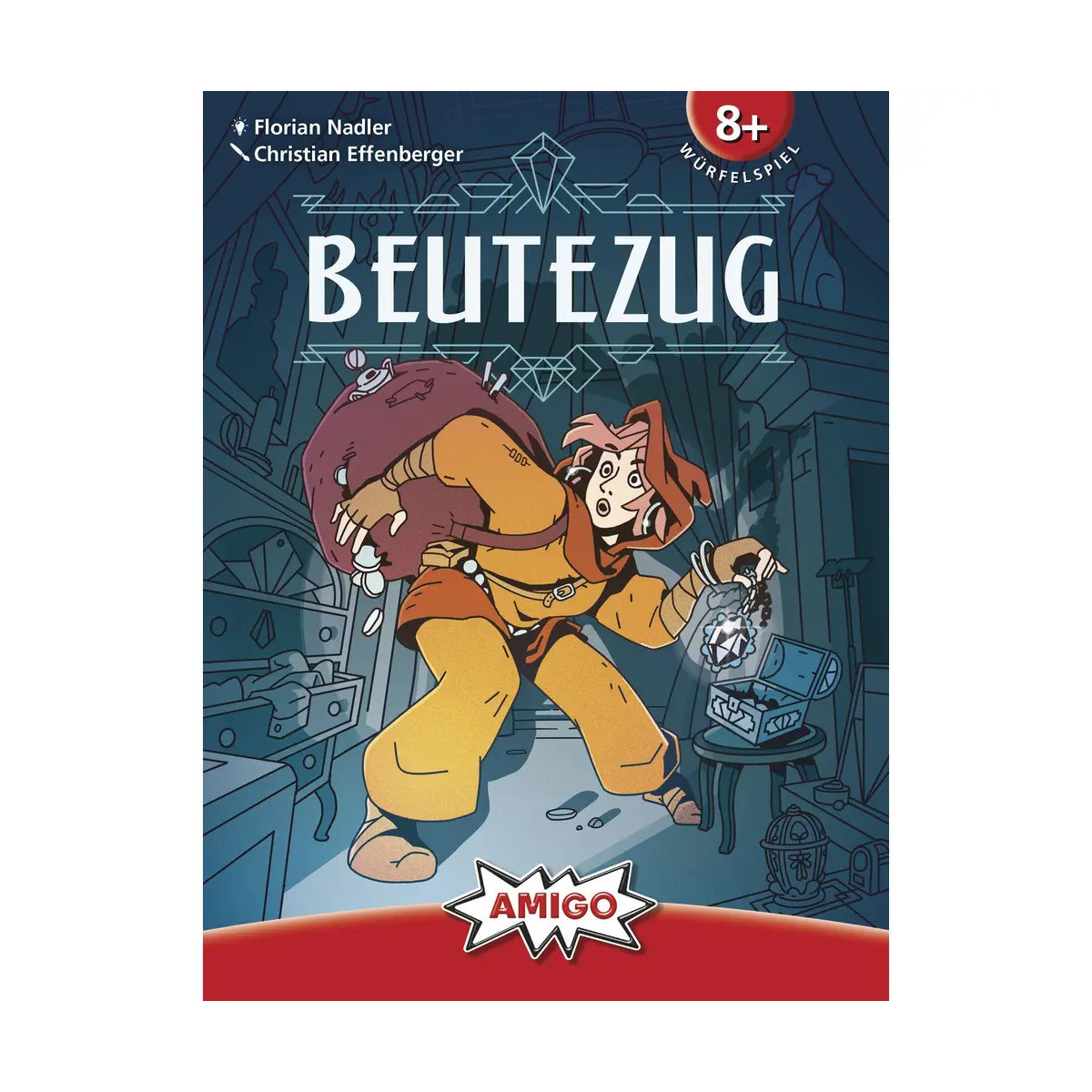 Beutezug: Brettspiel für Kinder ab 8 mit Cartoon-Dieb, Sack und Laterne auf dem Cover.