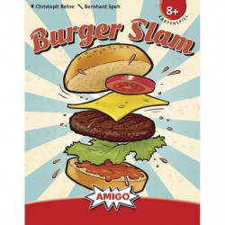 Illustration eines Burgers mit auseinanderfliegenden Belägen auf der Burger Slam Spielbox ab 8 Jahren.