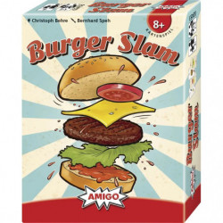 Illustration eines Burgers mit auseinanderfliegenden Belägen auf der Burger Slam Spielbox ab 8 Jahren.
