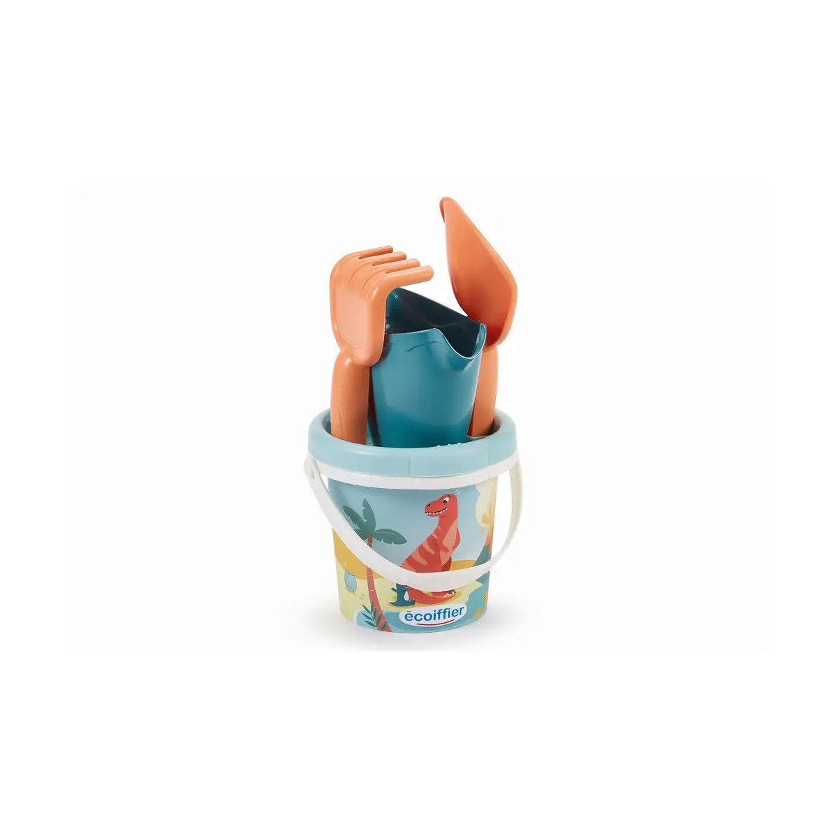Sandspiel-Set für Kinder mit Eimer, Rechen und Schaufel im Dinosaurier-Design.