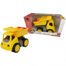 Ein gelber Spielzeugkippplaster „Power Worker“ für Kinder ab 2 Jahren steht neben seiner Verpackung.