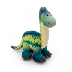 Plüsch-Dinosaurier in Grün und Blau mit langem Hals, steht aufrecht auf vier Beinen.