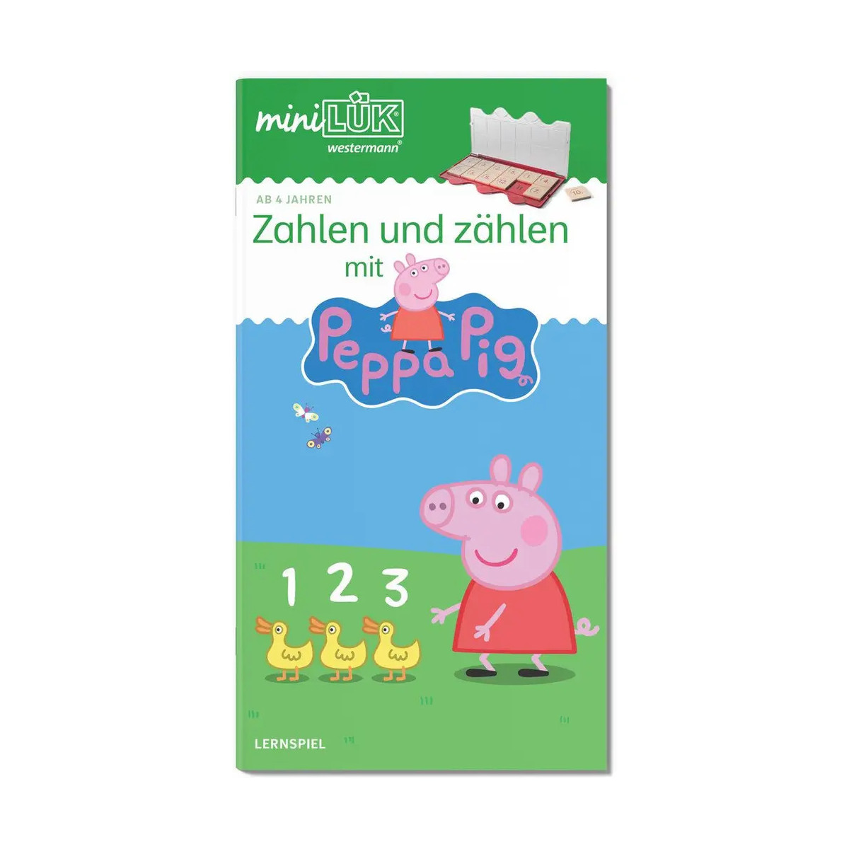 Deutsches Kinderbuchcover: Peppa Wutz, drei Küken und die Zahlen 1, 2, 3 auf grünem Hintergrund.