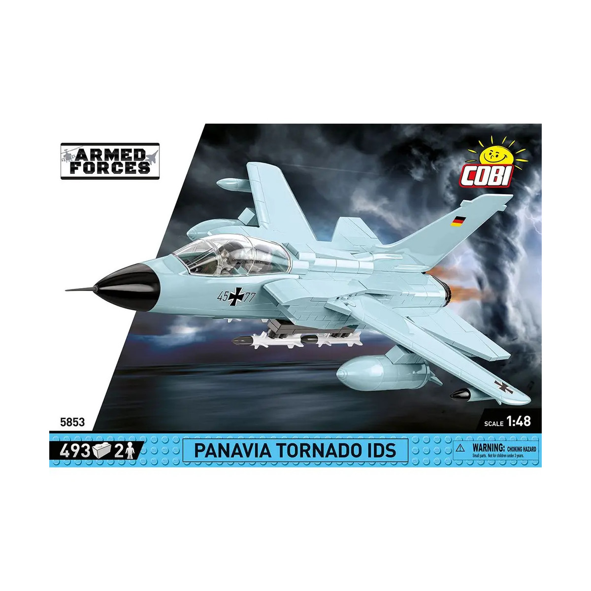 Box-Art des COBI Panavia Tornado IDS Modellflugzeugs, Maßstab 1:48, mit 493 Teilen.