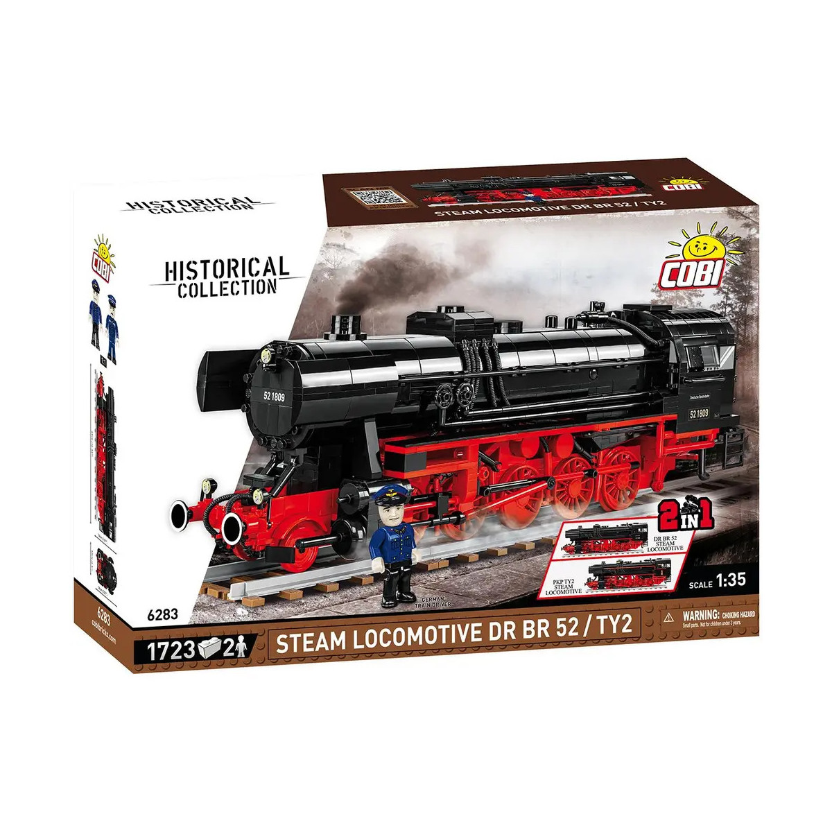 COBI-Dampflokomotive-Set: schwarze und rote Lokomotive samt Figur auf der Vorderseite der Verpackung.