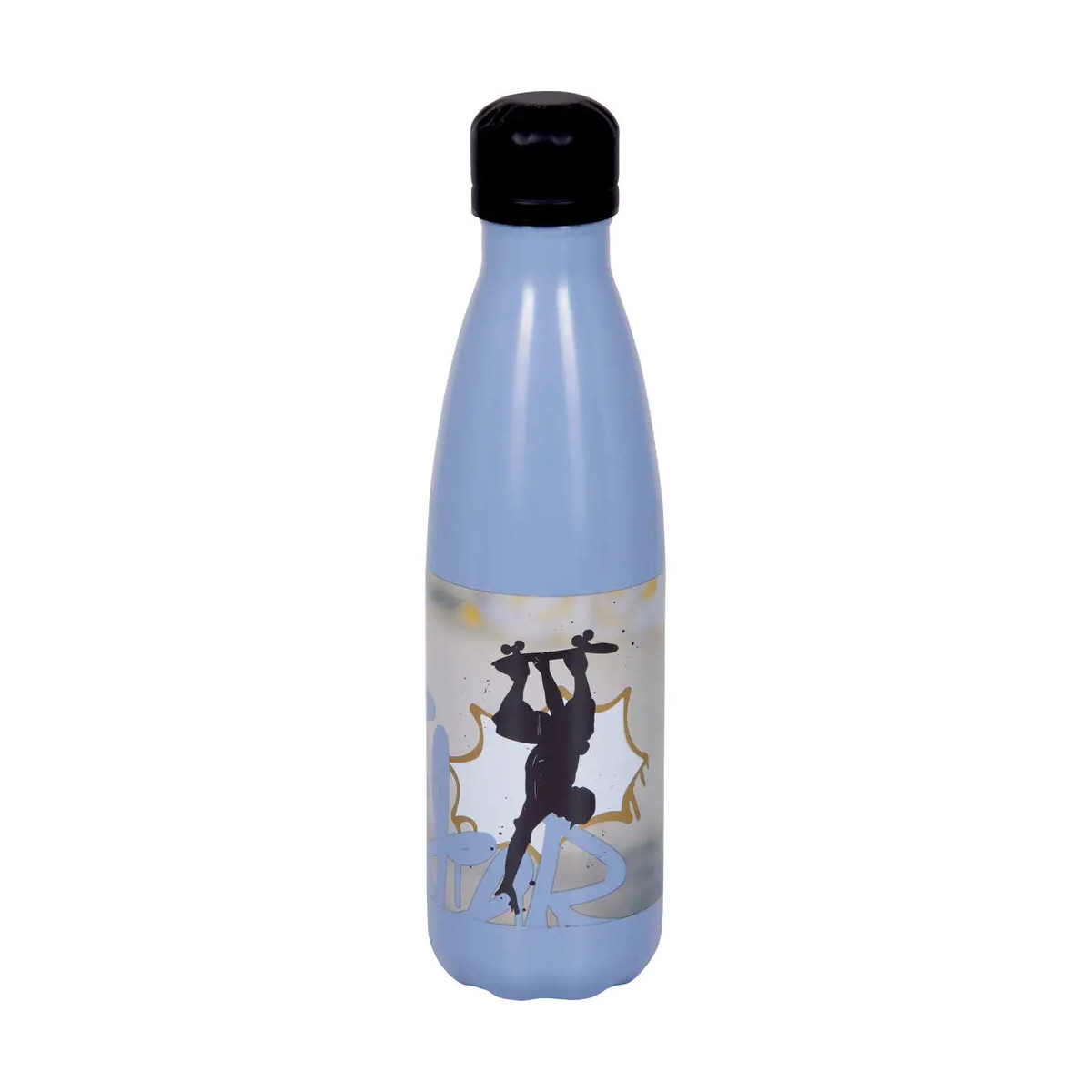 Hellblaue Trinkflasche mit schwarzem Deckel und Grafik einer Skateboard fahrenden Person.