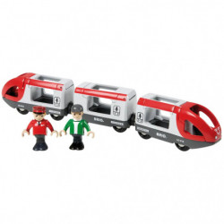 Spielzeugeisenbahn mit zwei Waggons und zwei Figuren (eine rote, eine grüne) auf weißem Hintergrund.