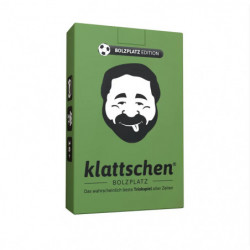 Grüne Box mit gezeichnetem Bartgesicht, beschriftet mit "klattschen Bolzplatz Edition" auf Deutsch.